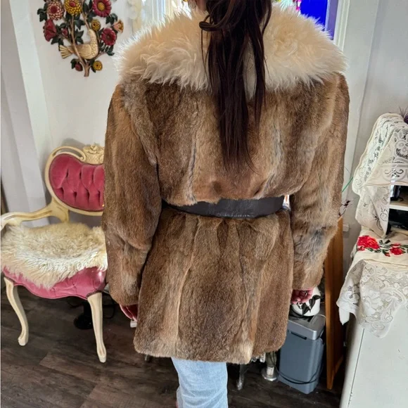 Vintage Genuine rabbit fur coat big collar chunky wool trim belt S *see note! - Picture 4 of 14